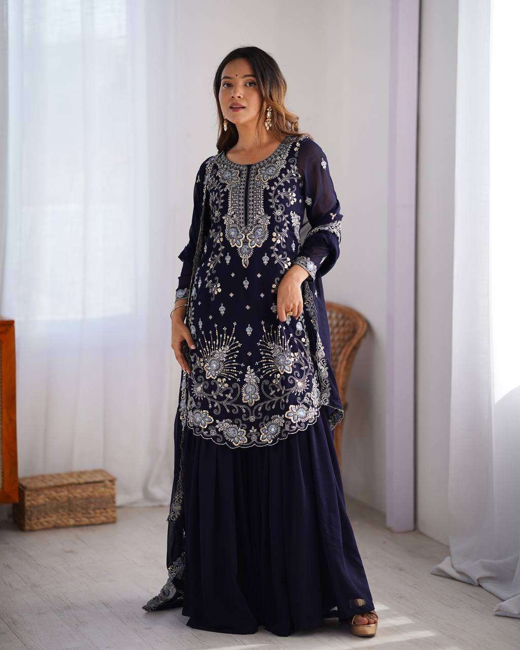 Women's Faux Georgette Sequins & Thread Work Straight Kurta With Sharara Suit and Dupatta Set - Image 2